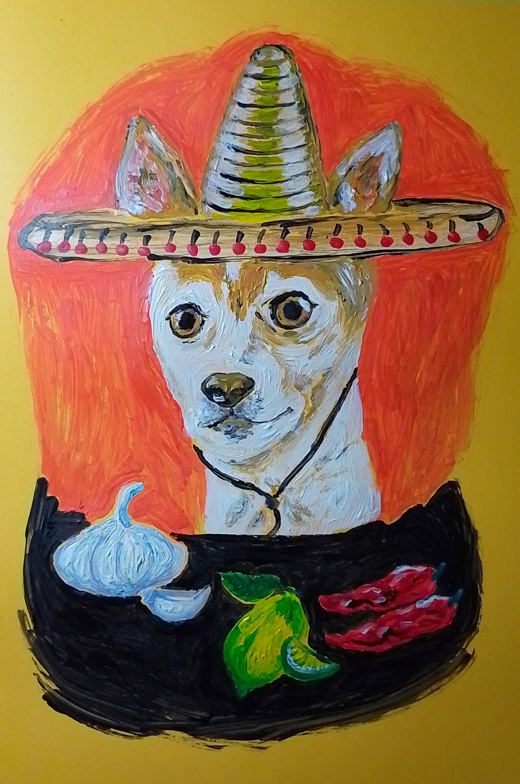 dog language image of dog wearing Mexican sombrero painting by Paola Bassanese